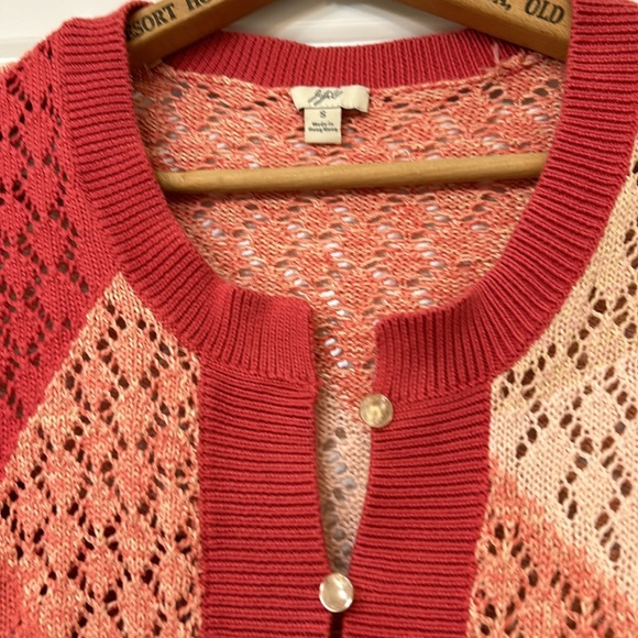 J Jill Color-Blocked Crocheted Orange Peach Cardigan Sweater Cotton Linen Blend - Picture 2 of 12